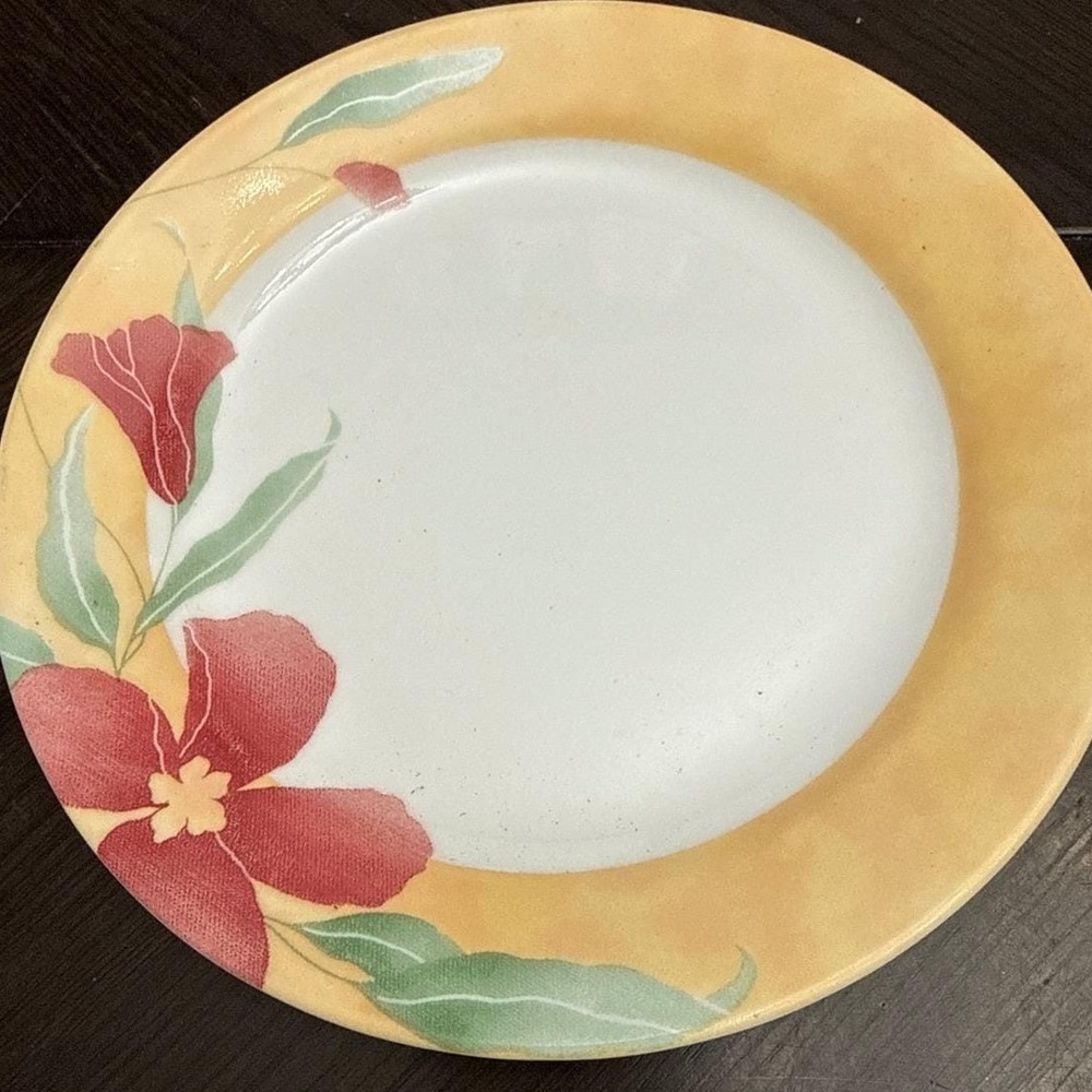 Corelle Sun Garden Bread Butter Plate 7.25" Red Hibiscus Yellow Rim‎ Corning USA